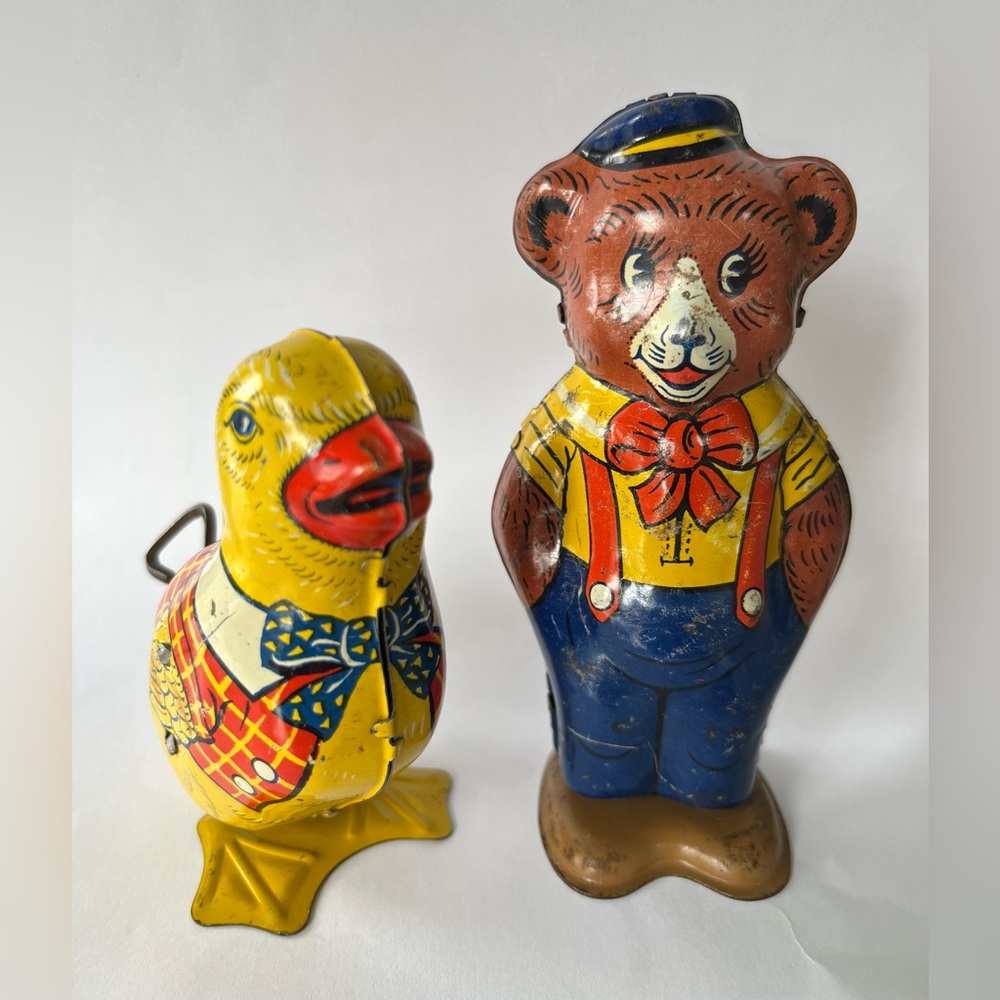 J Chein Vintage 1940s Mechanical Tin Toy Chicken and Bear
